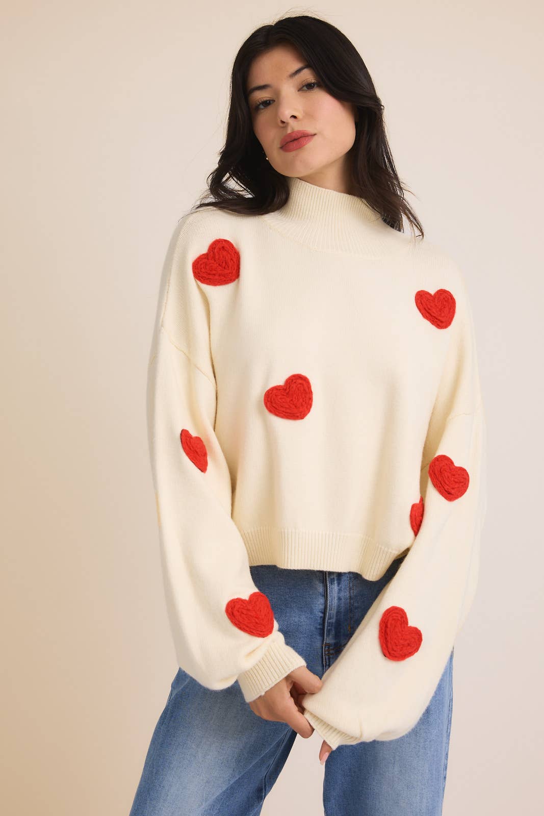 High Neck Long Sleeve 3D Heart Sweater: Cream & Red