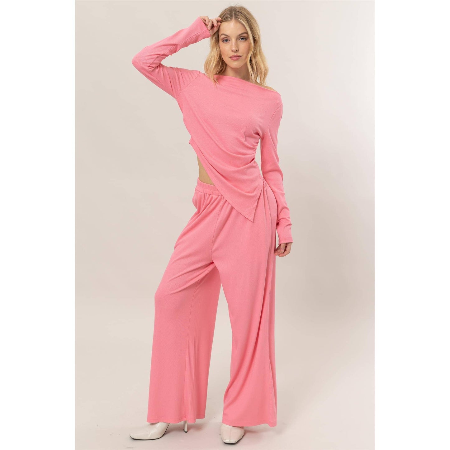 Boat Neck Top And Pants Set: Pink