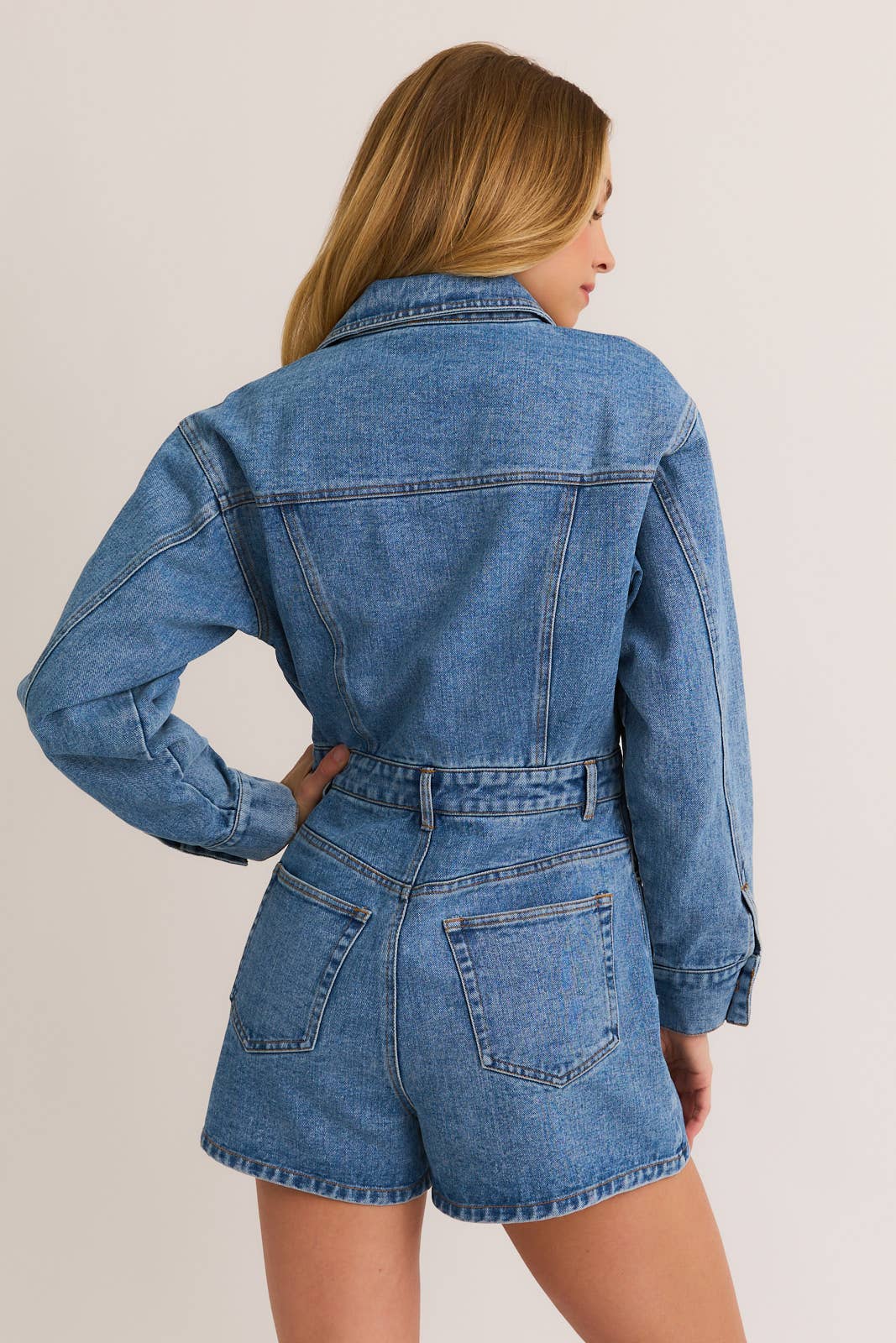 Front Tie Long Sleeve Denim Romper: Denim