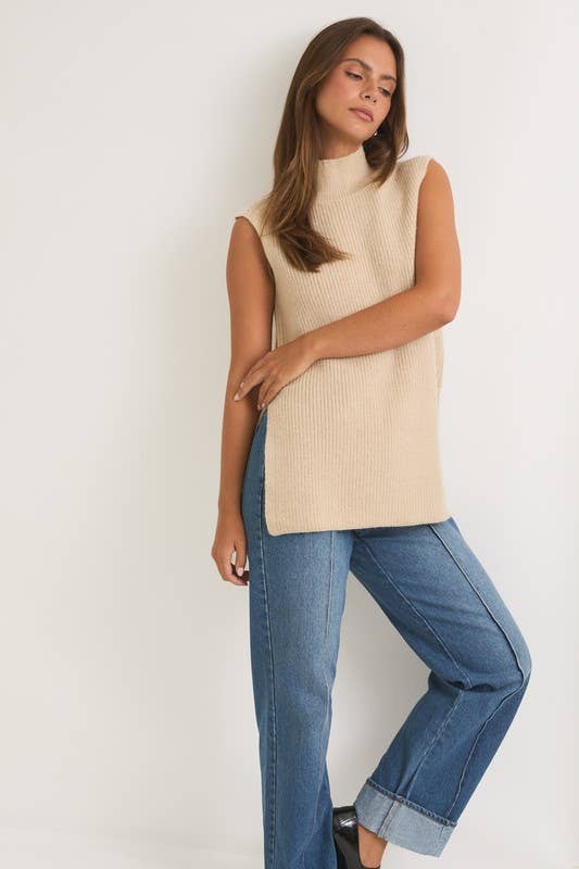 High Neck Sleeveless Sweater Top: Cream