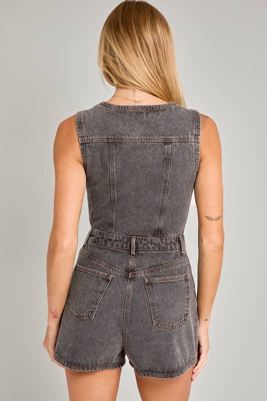 V-Neck Sleeveless Denim Romper: Washed Black