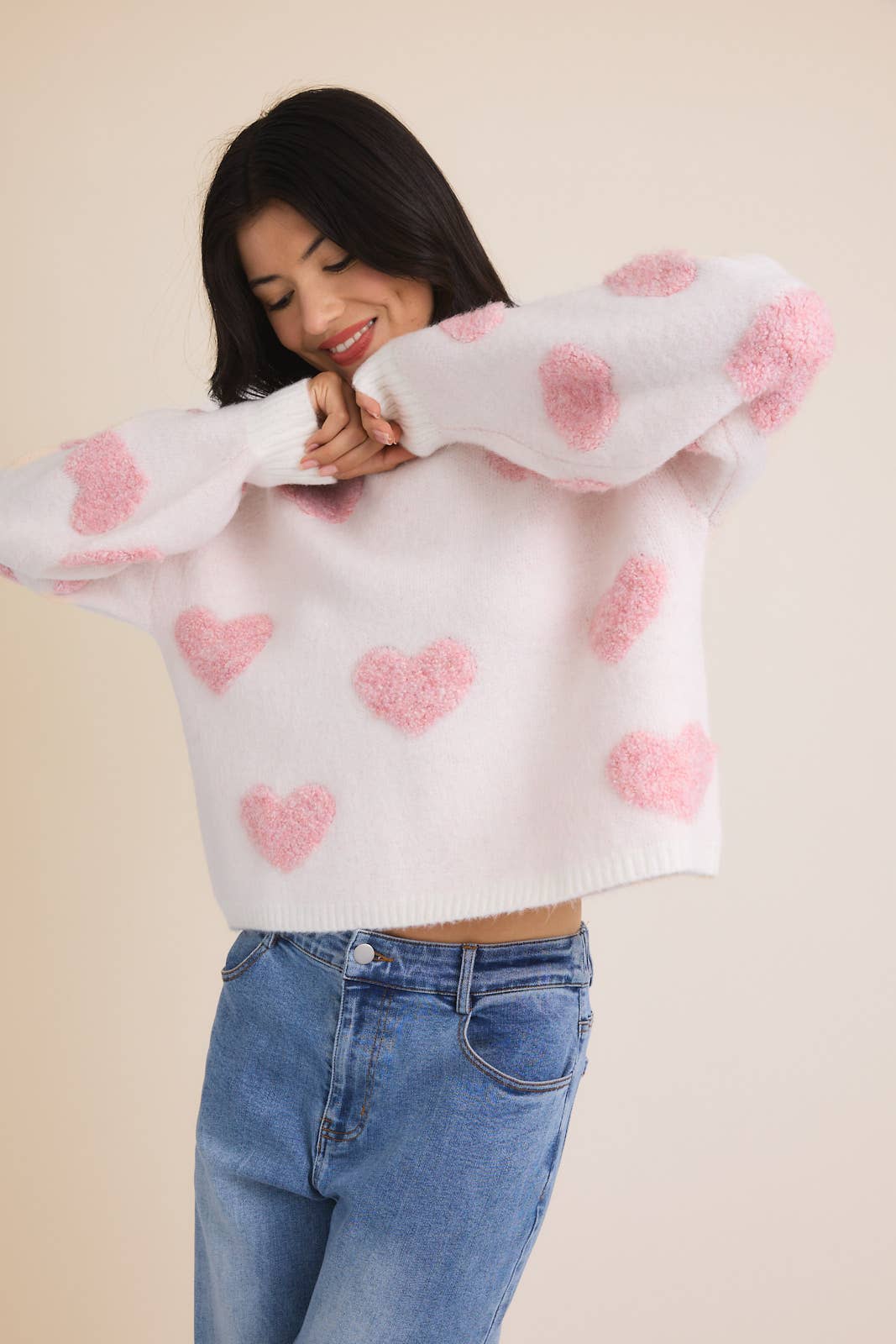 Round Neck Long Sleeve Heart Sweater: Cream & Pink