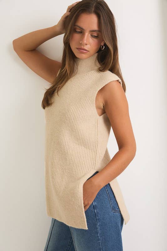 High Neck Sleeveless Sweater Top: Cream