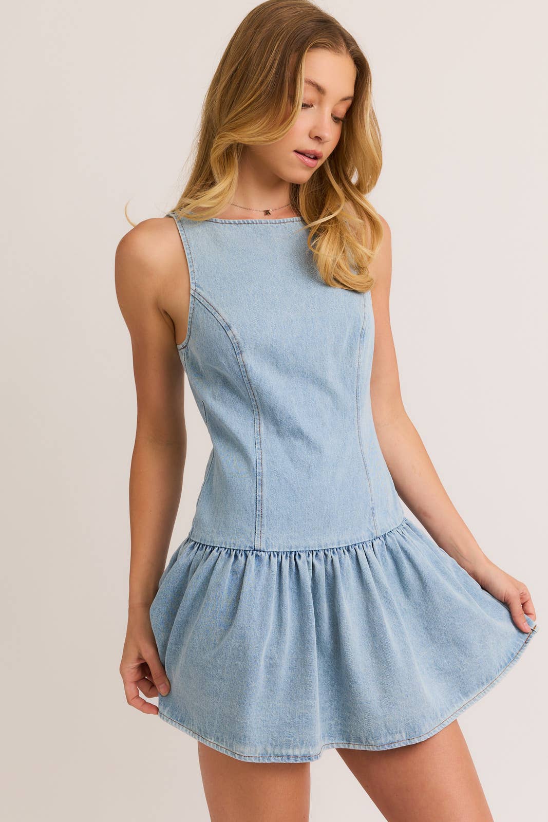 Boat Neck Sleeveless Low Waist Denim Dress: Light Denim
