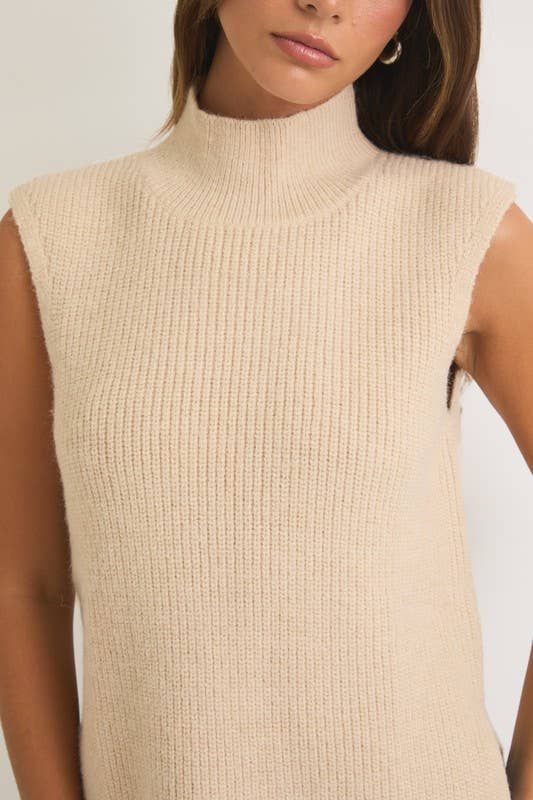 High Neck Sleeveless Sweater Top: Cream