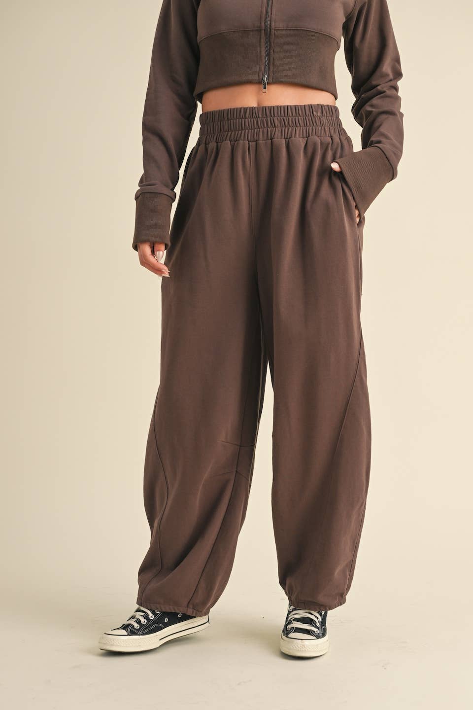 French Terry Crop Jacket and Flowy Jogger Pants Set: Chocolate