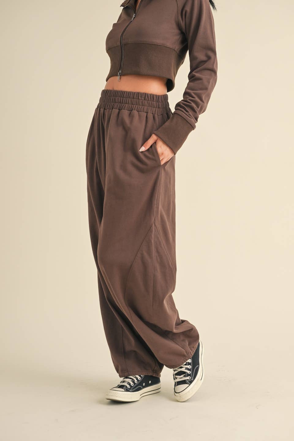 French Terry Crop Jacket and Flowy Jogger Pants Set: Chocolate