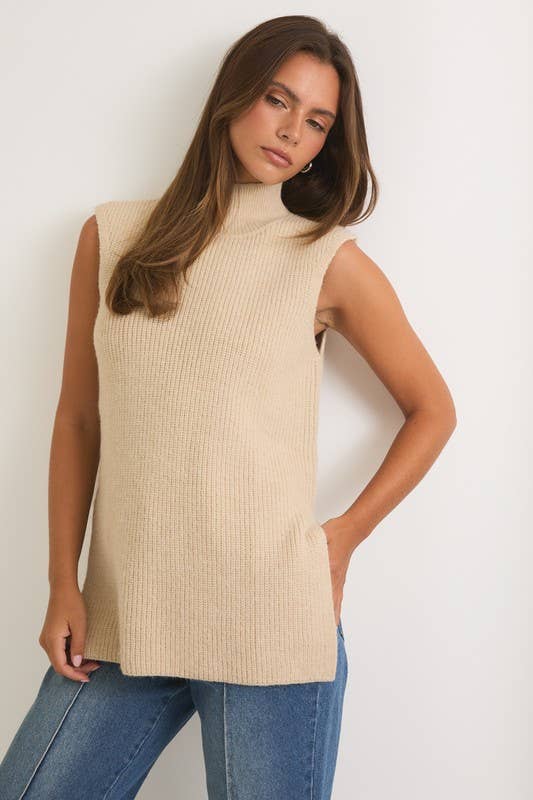 High Neck Sleeveless Sweater Top: Cream