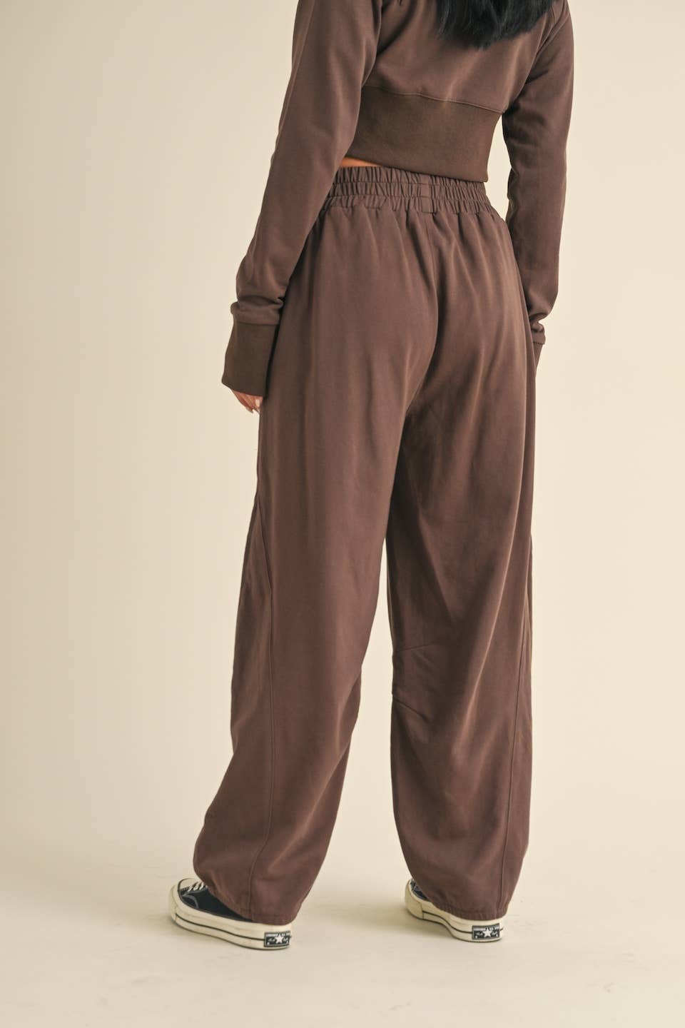 French Terry Crop Jacket and Flowy Jogger Pants Set: Chocolate
