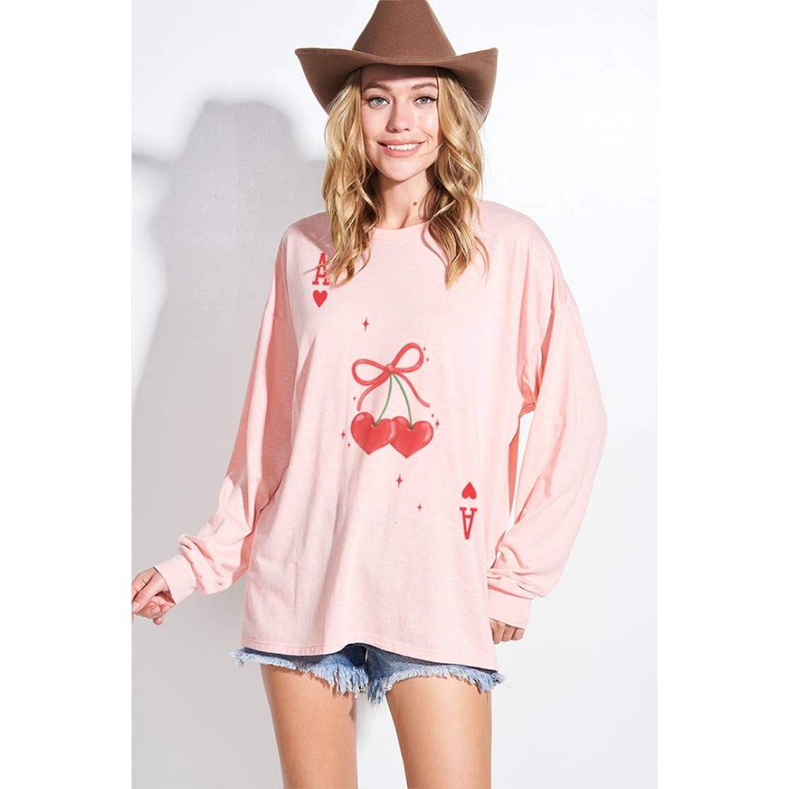 Ace Of Cherries heart print triblend oversized top - Blush