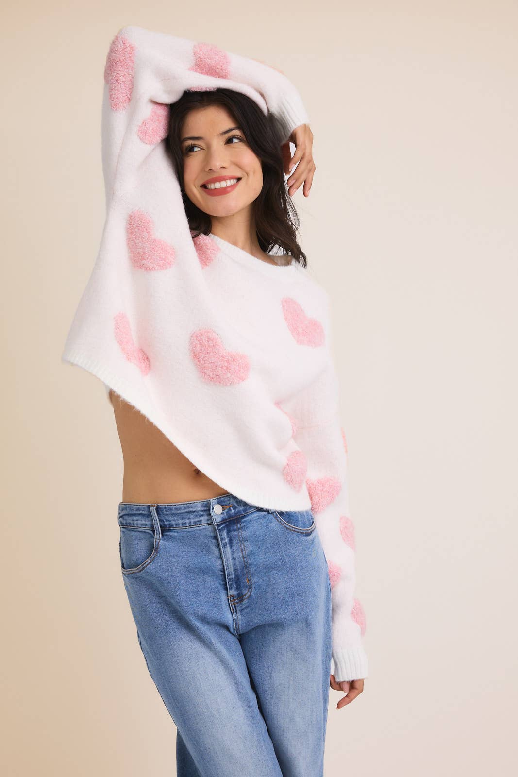 Round Neck Long Sleeve Heart Sweater: Cream & Pink