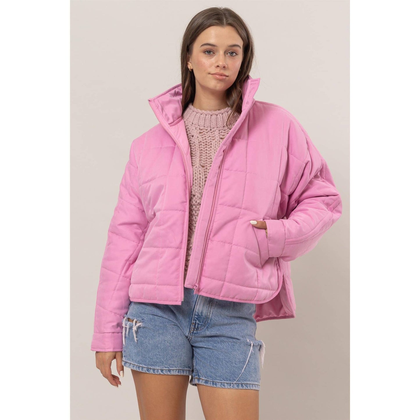 Quilted Puffer Jacket: Pink