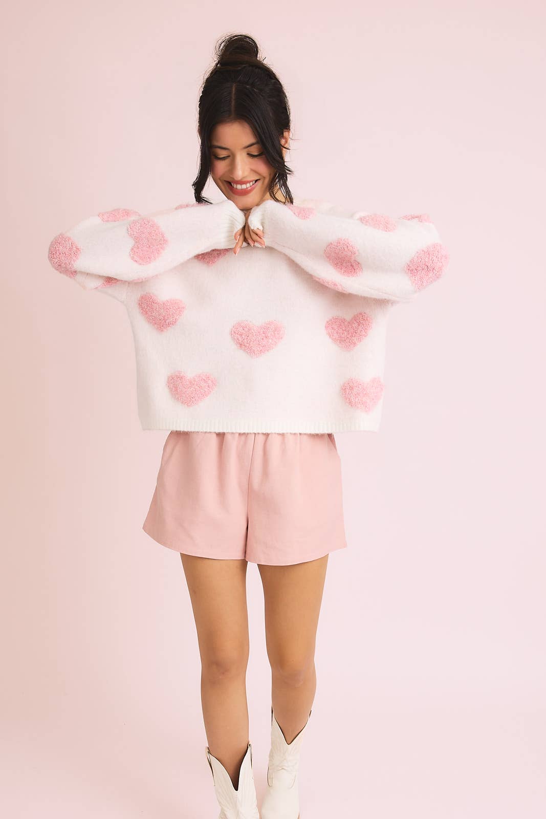 Round Neck Long Sleeve Heart Sweater: Cream & Pink