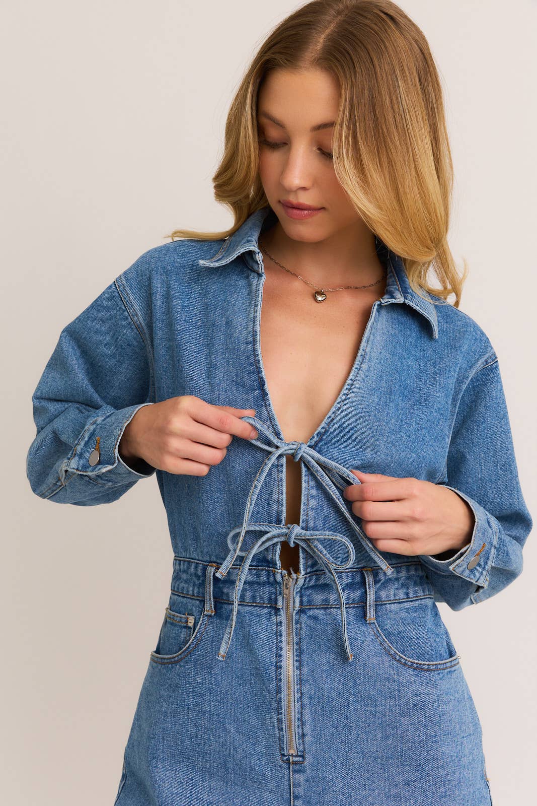 Front Tie Long Sleeve Denim Romper: Denim