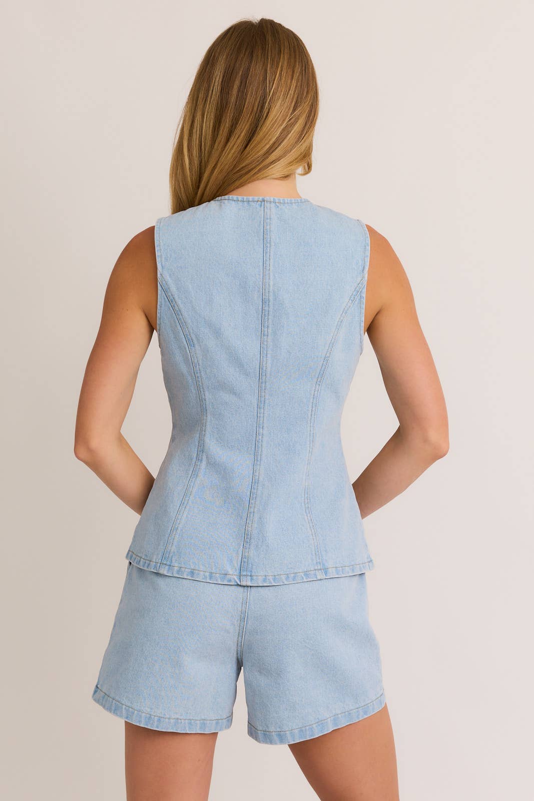 Button Front Sleeveless Denim Top: Light Denim