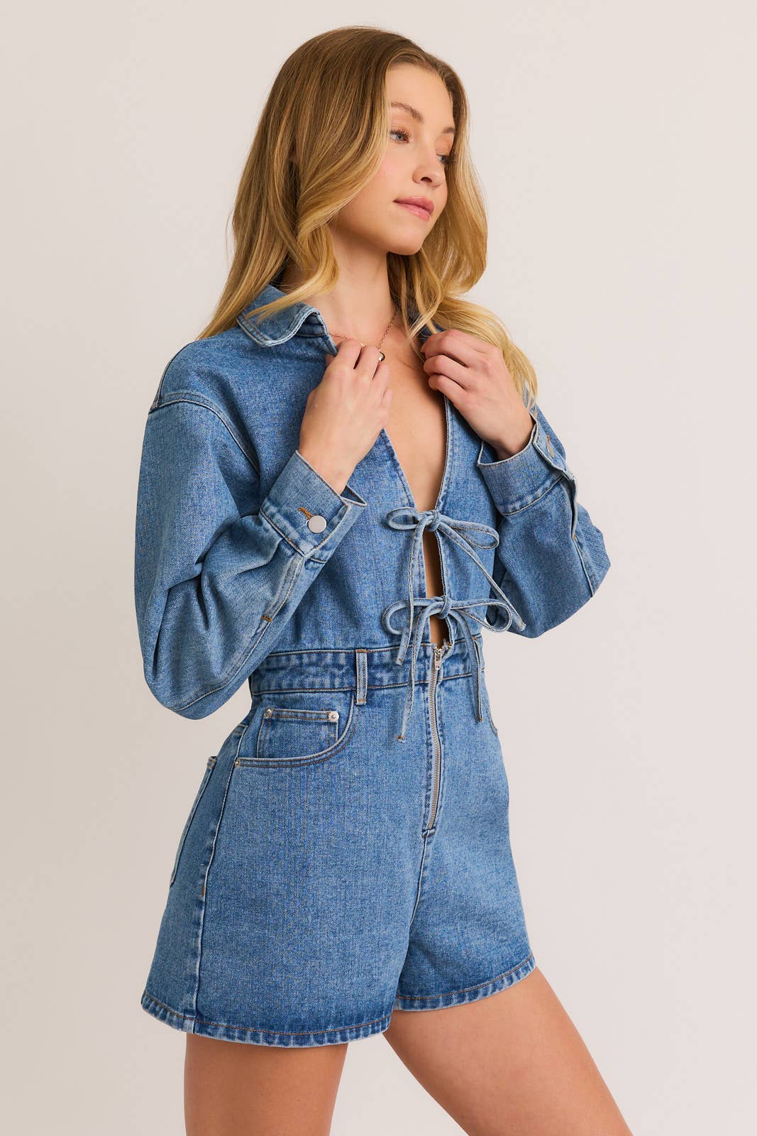 Front Tie Long Sleeve Denim Romper: Denim