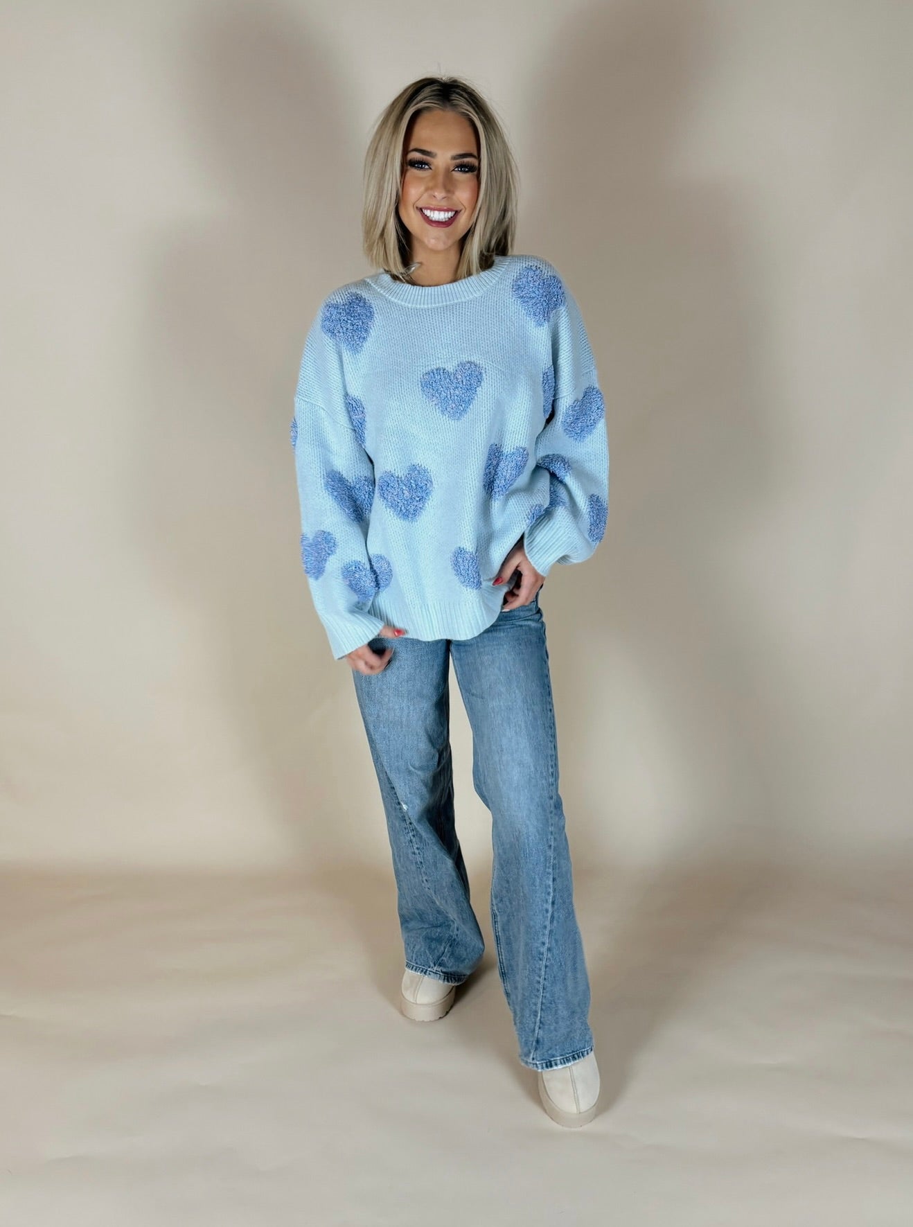 3D Multi Color Hearts Oversized Sweater - Baby Blue Multi
