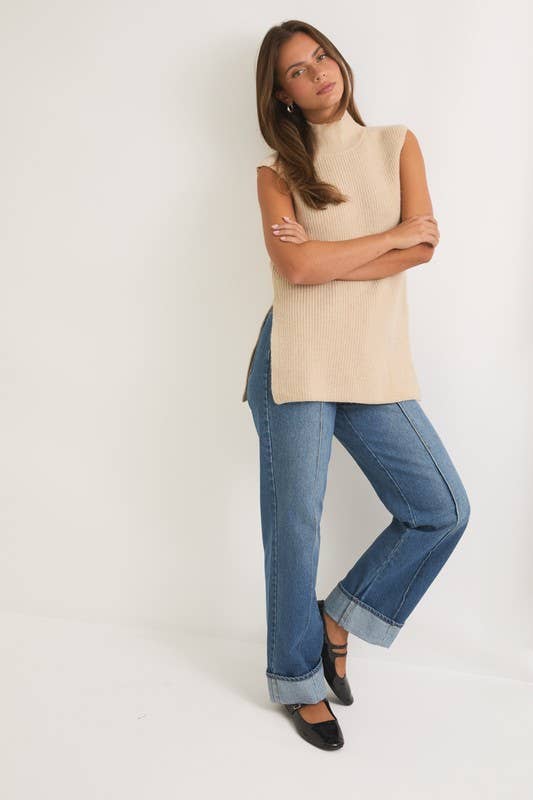 High Neck Sleeveless Sweater Top: Cream