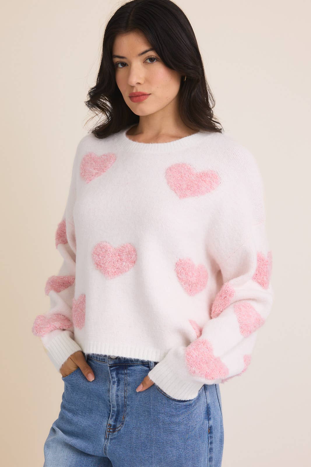 Round Neck Long Sleeve Heart Sweater: Cream & Pink