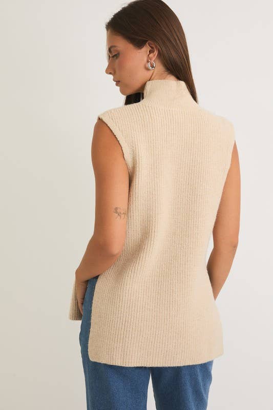 High Neck Sleeveless Sweater Top: Cream