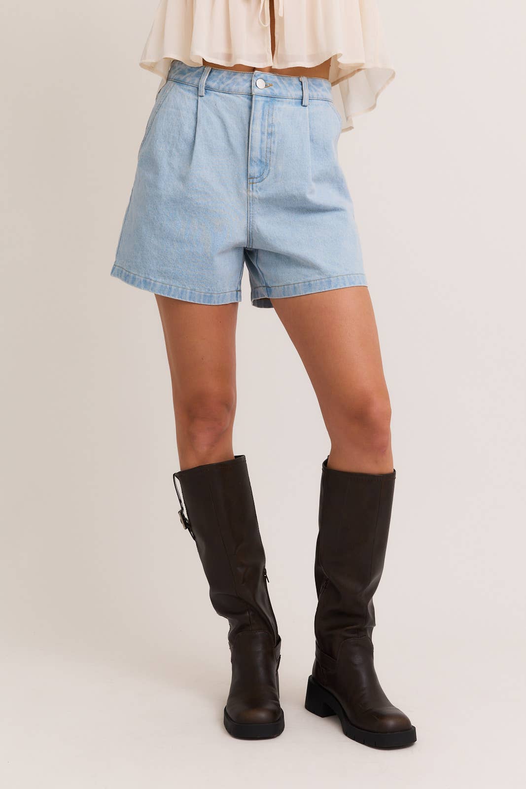 Pleated Denim Shorts: Light Denim