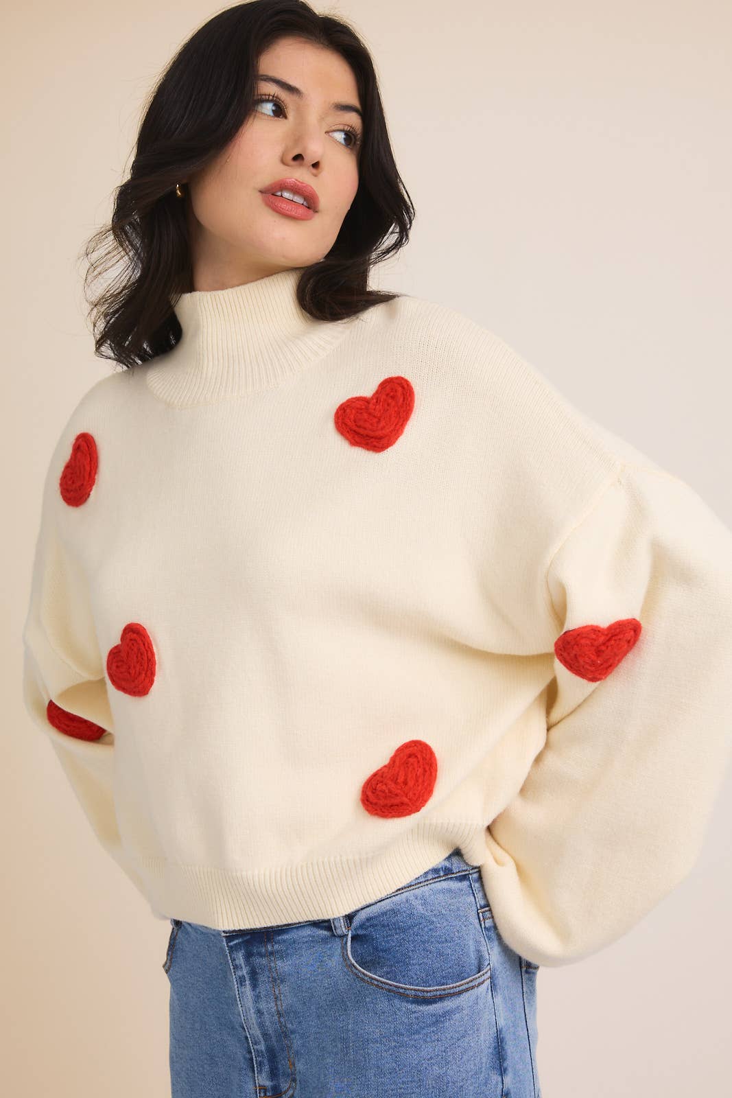 High Neck Long Sleeve 3D Heart Sweater: Cream & Red