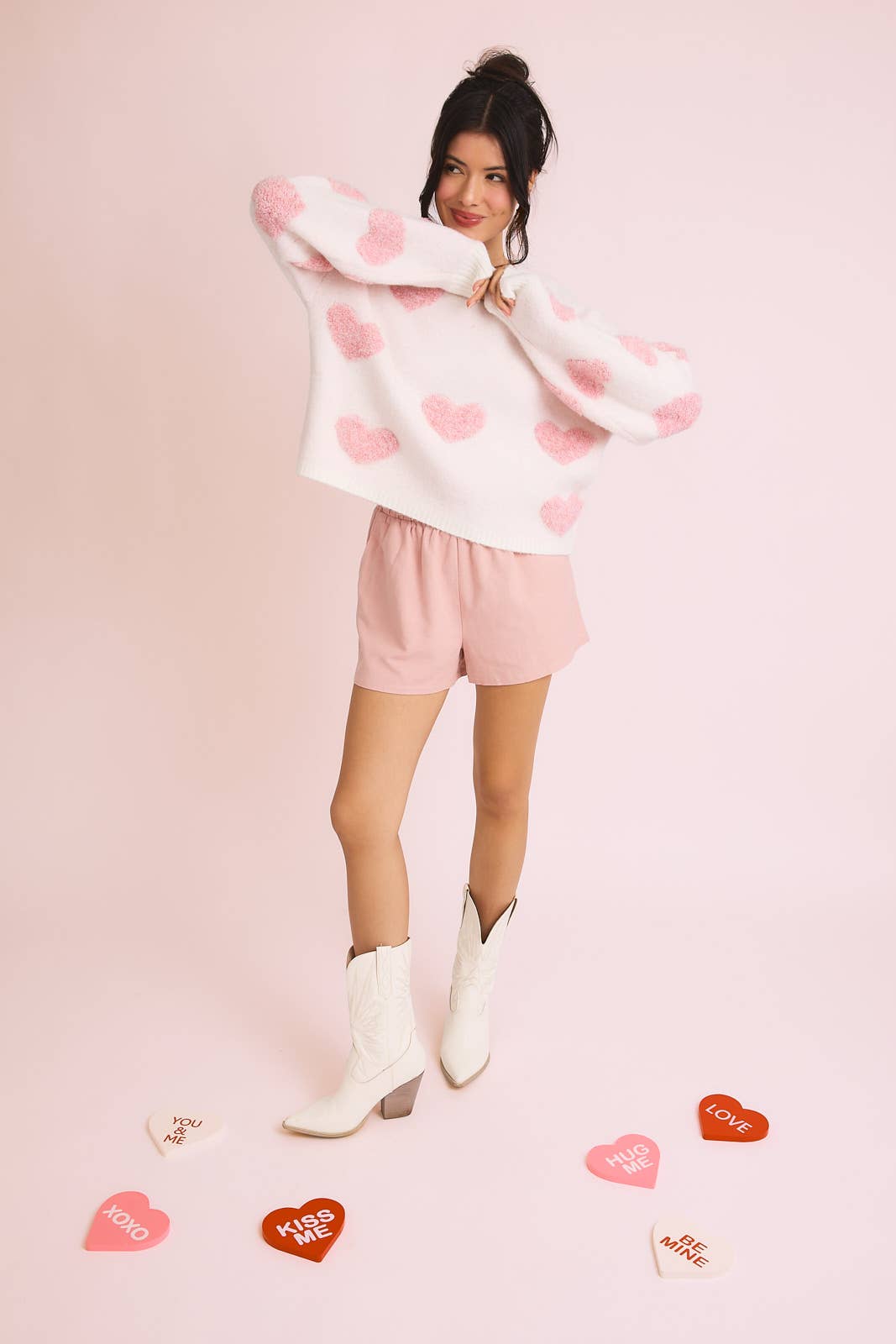 Round Neck Long Sleeve Heart Sweater: Cream & Pink