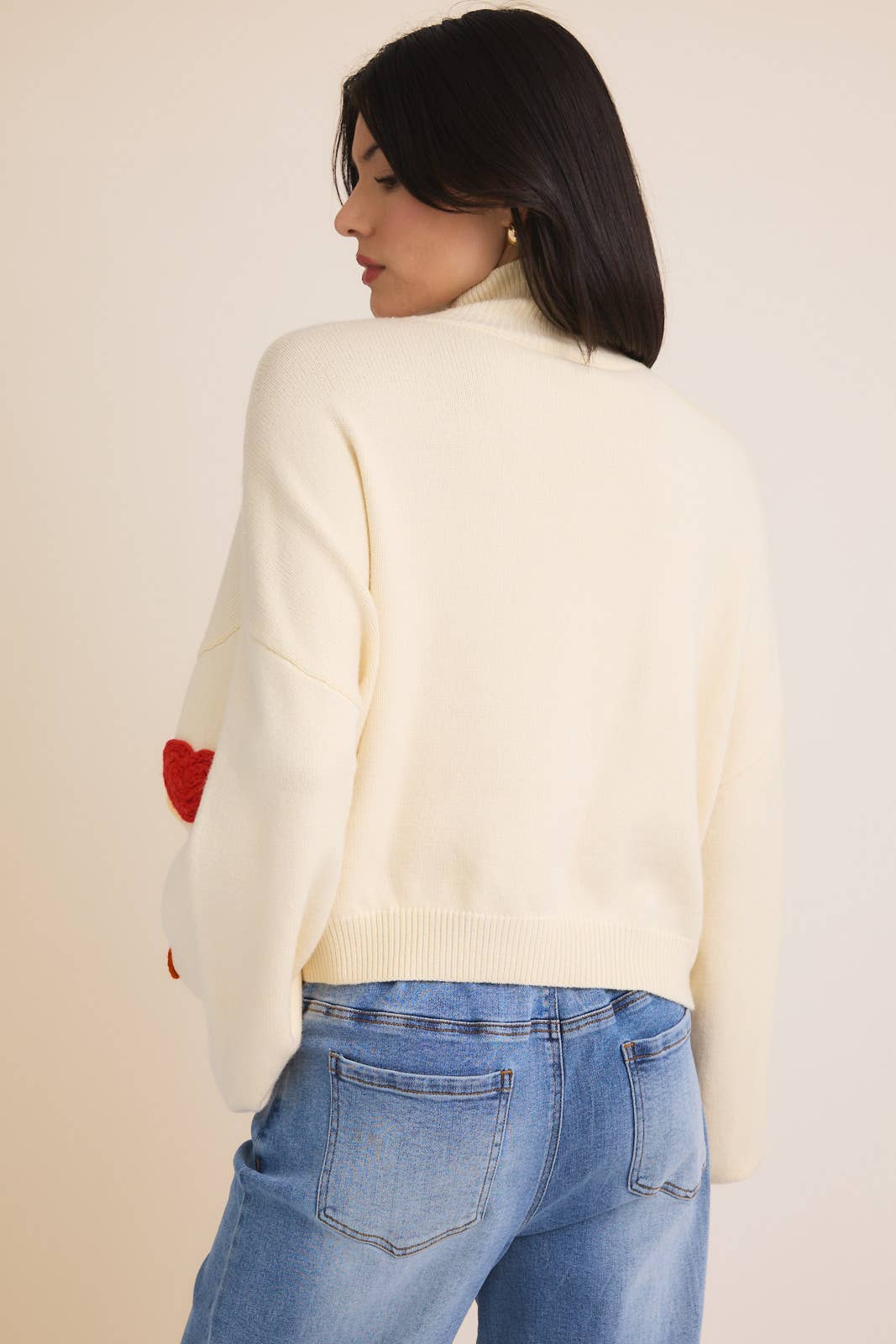 High Neck Long Sleeve 3D Heart Sweater: Cream & Red