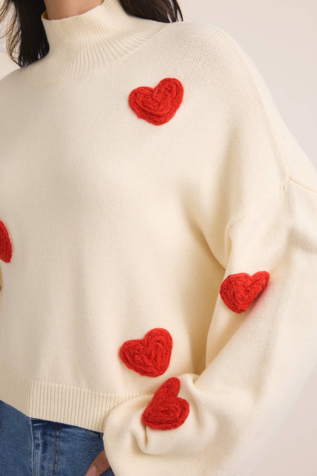 High Neck Long Sleeve 3D Heart Sweater: Cream & Red