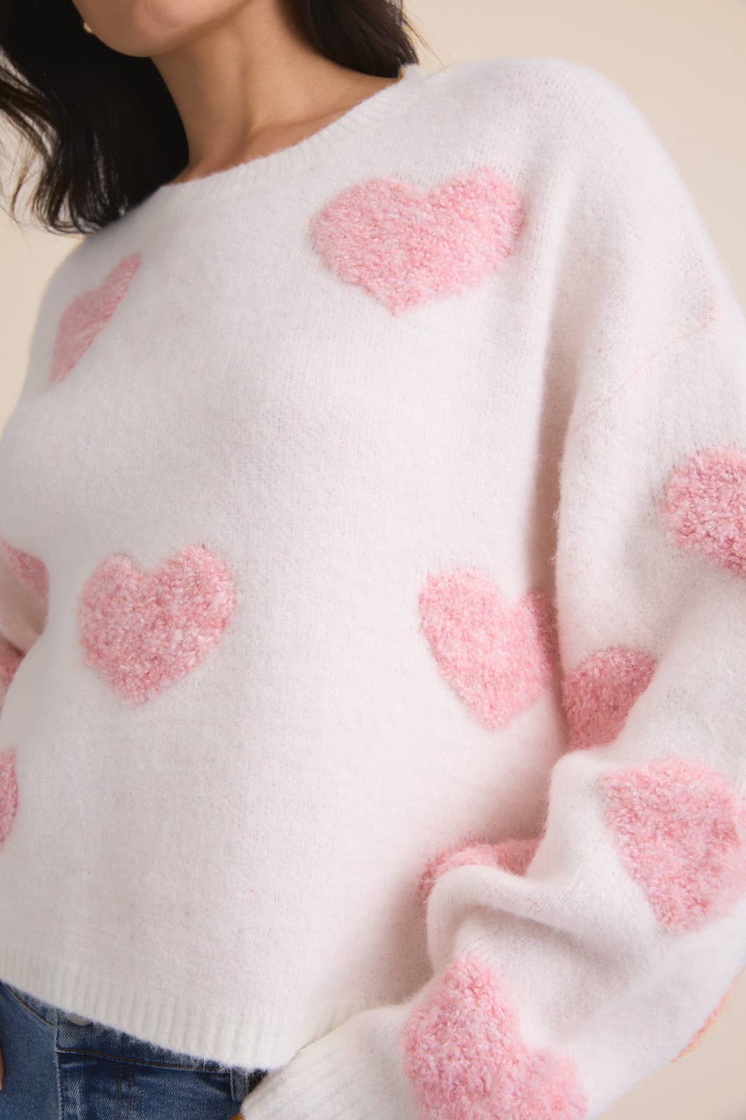 Round Neck Long Sleeve Heart Sweater: Cream & Pink