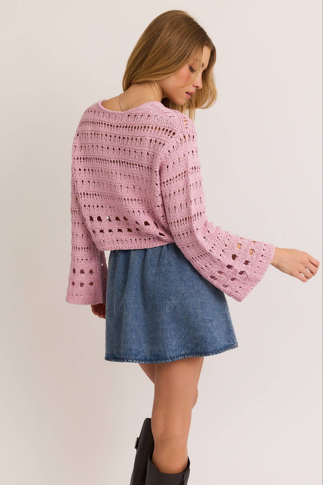 V-Neck Openwork Sweater Top: Baby Pink