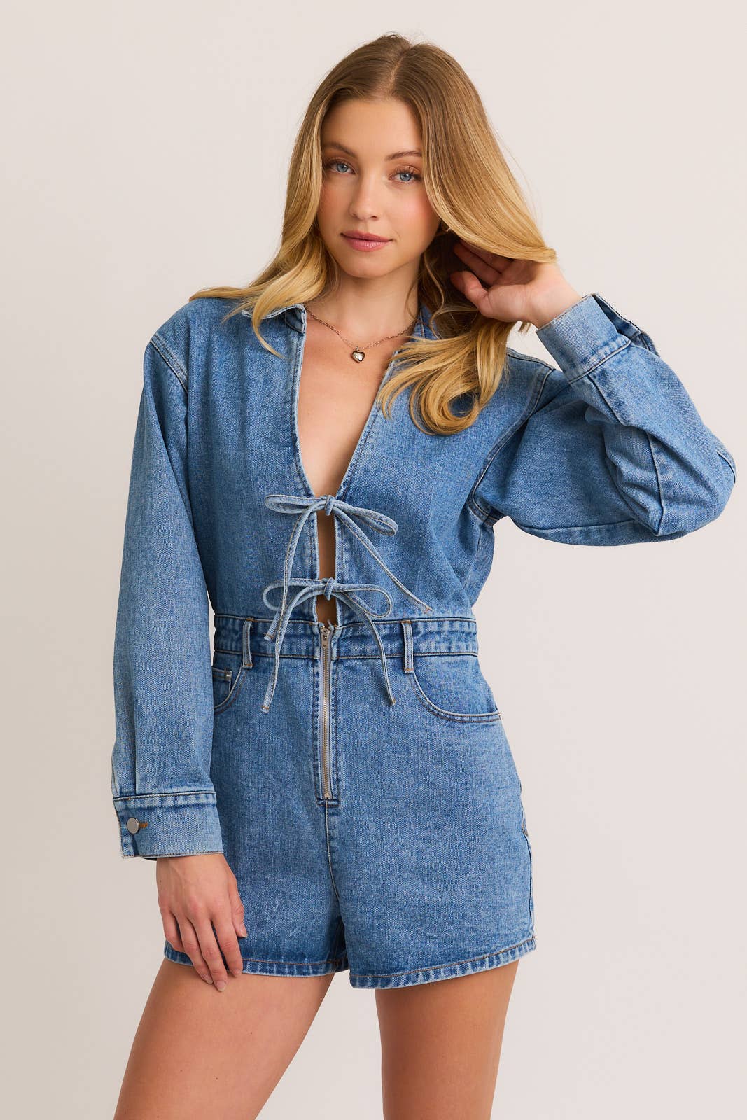 Front Tie Long Sleeve Denim Romper: Denim
