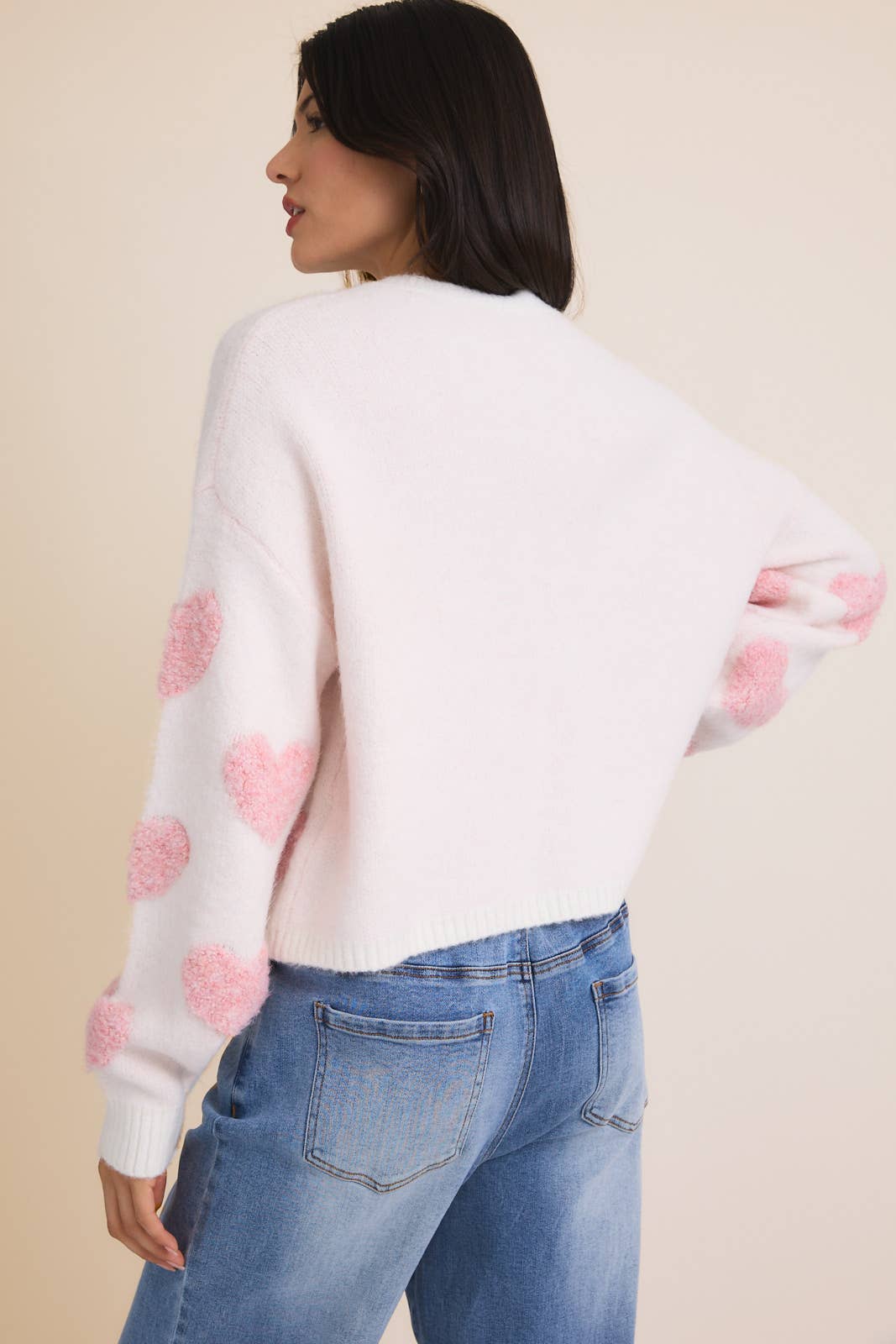 Round Neck Long Sleeve Heart Sweater: Cream & Pink