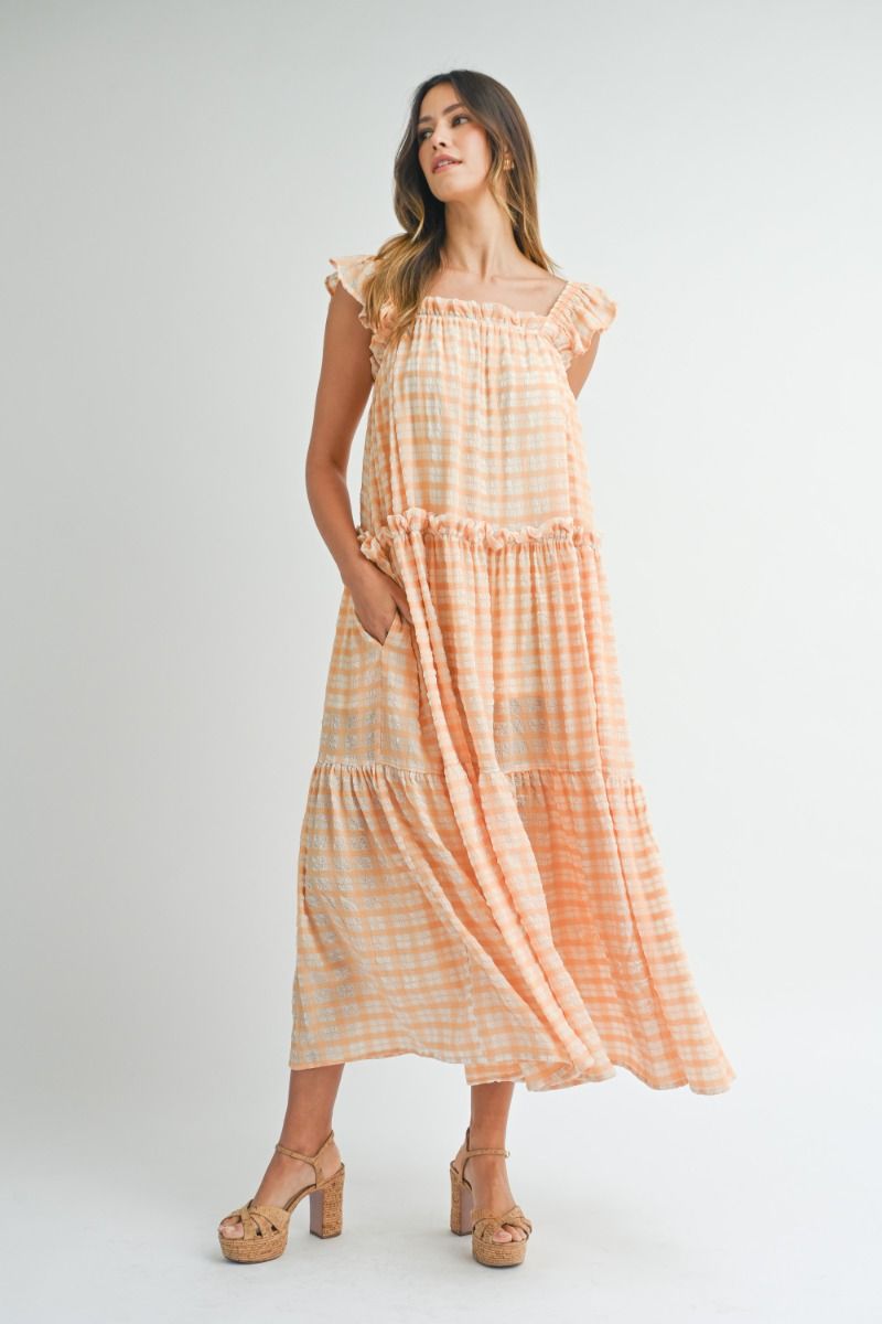 Ruffle Strappy Shoulder Tiered Midi Dress - Orange