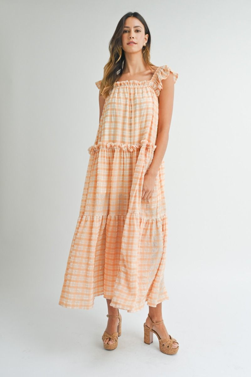 Ruffle Strappy Shoulder Tiered Midi Dress - Orange