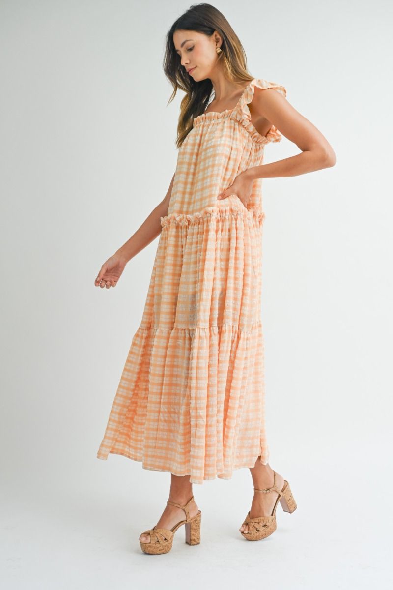 Ruffle Strappy Shoulder Tiered Midi Dress - Orange