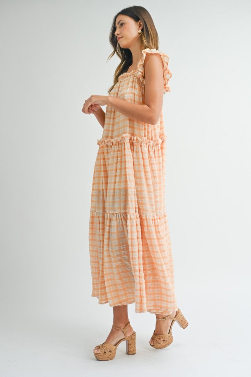 Ruffle Strappy Shoulder Tiered Midi Dress - Orange