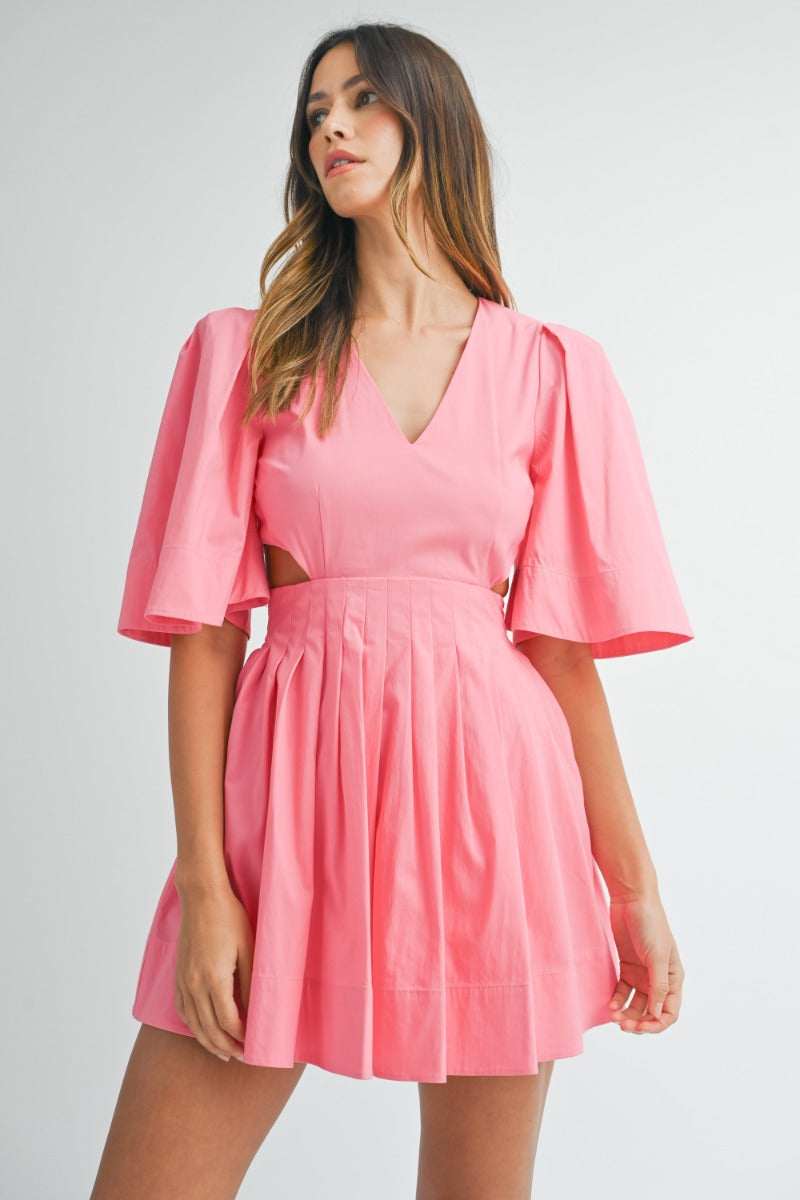 Pleated Puff Sleeve Mini Dress - Pink