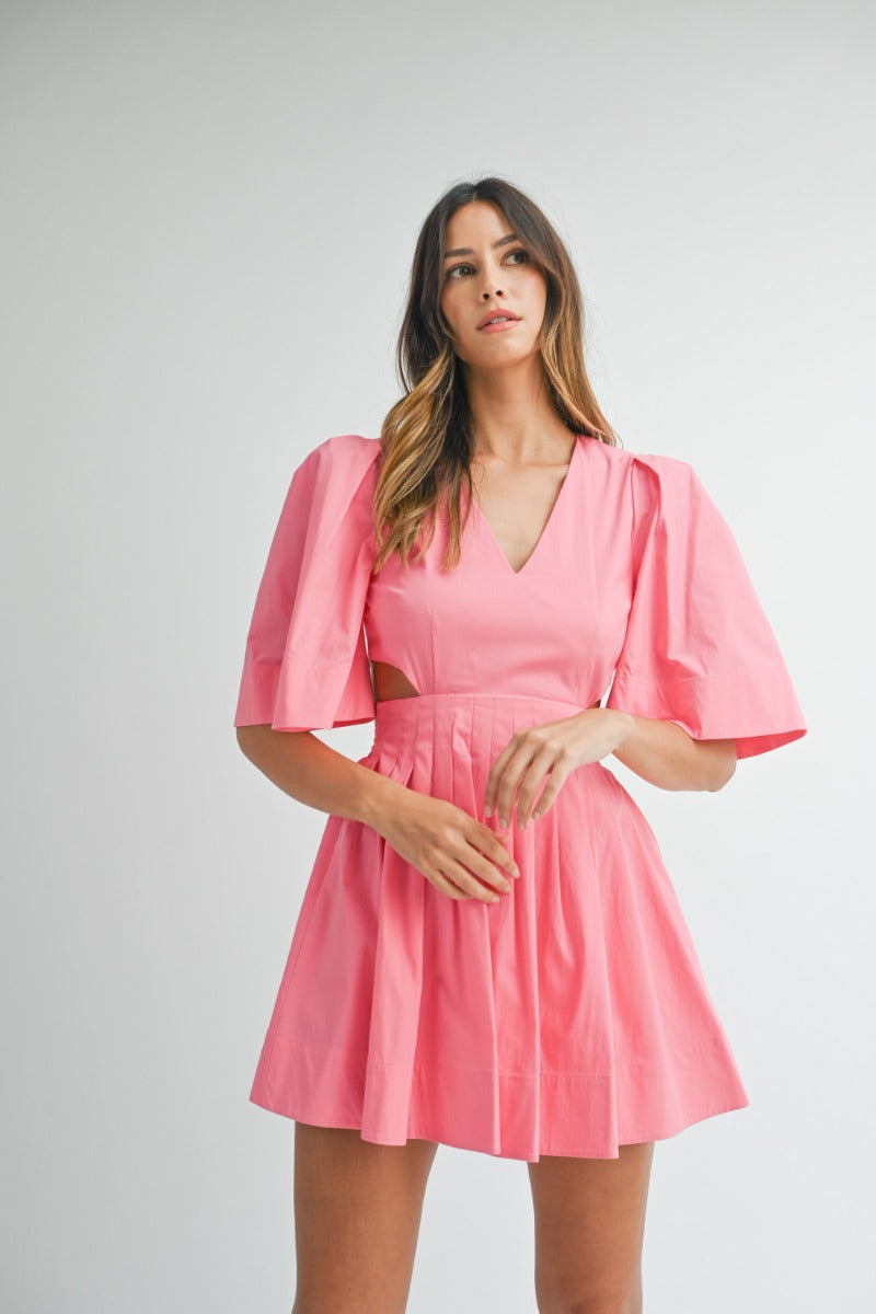 Pleated Puff Sleeve Mini Dress - Pink