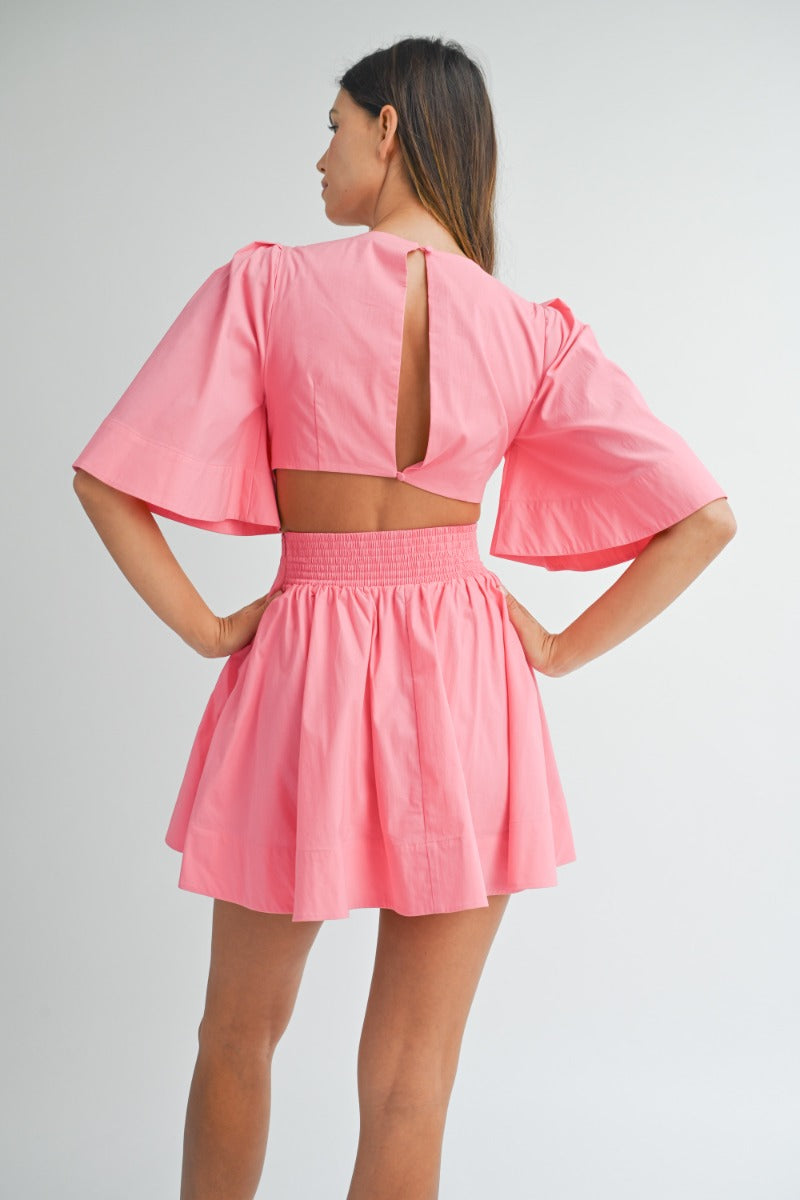 Pleated Puff Sleeve Mini Dress - Pink