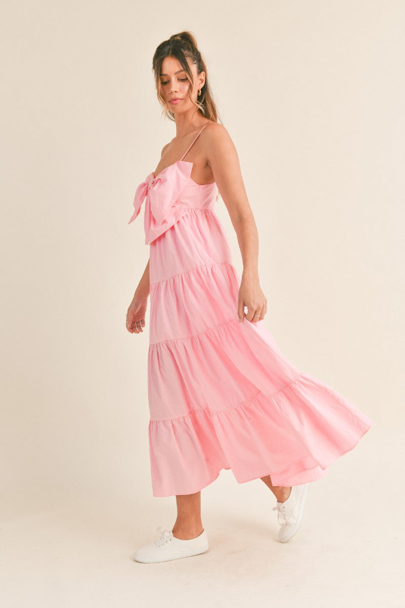 Bow Tied Tiered Midi Dress - Pink