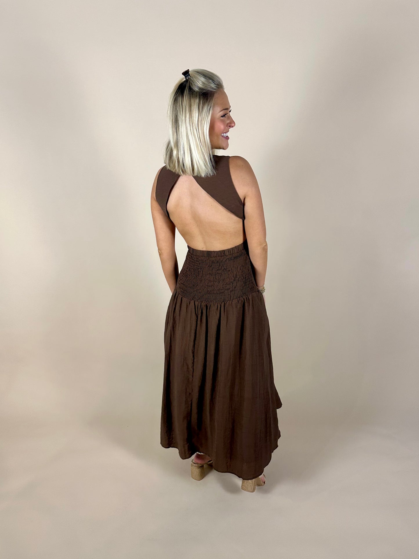 Open Back Smocked Midi Dress - Brown