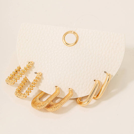 Mixed Rectangular Hoop Earrings Set - Gold