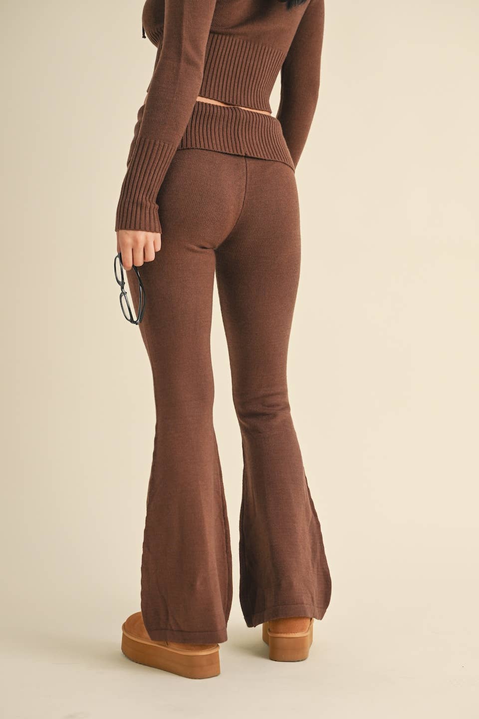 Foldover Flare Knit Sweater Pants: Chocolate