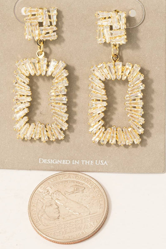 Baguette Pave Rectangle Dangle Earrings: Gold