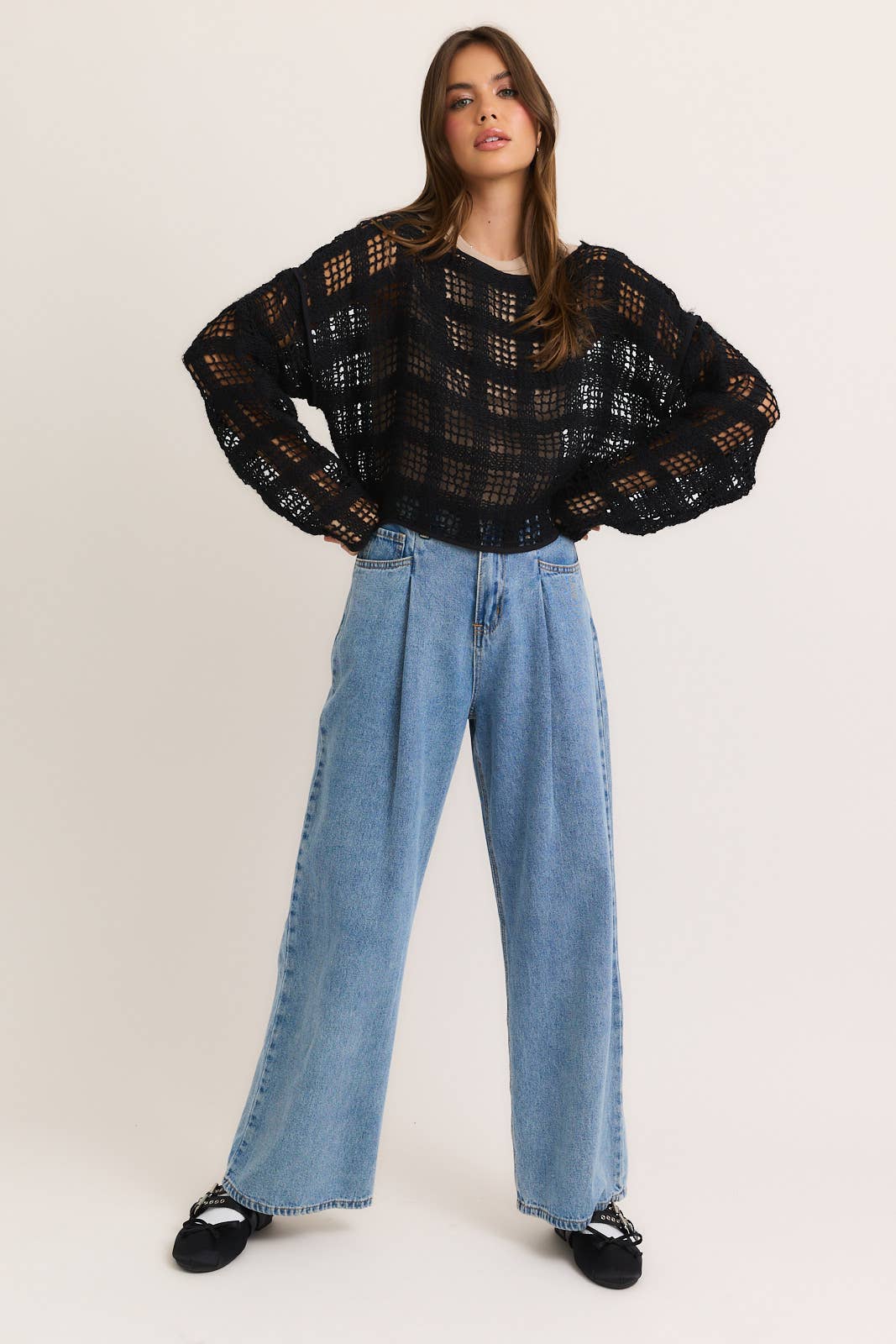 Boat Neck Crochet Top: Black