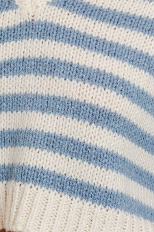 Long Sleeve V-Neck Striped Cropped Sweater: White & Light Blue Stripes