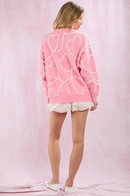 Hearts Thread Embroidered Sweater - Candy Pink