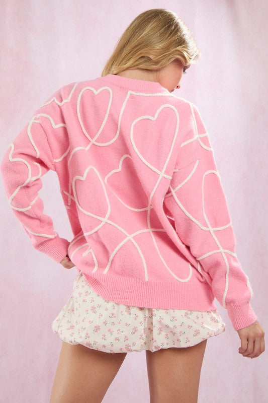 Hearts Thread Embroidered Sweater - Candy Pink