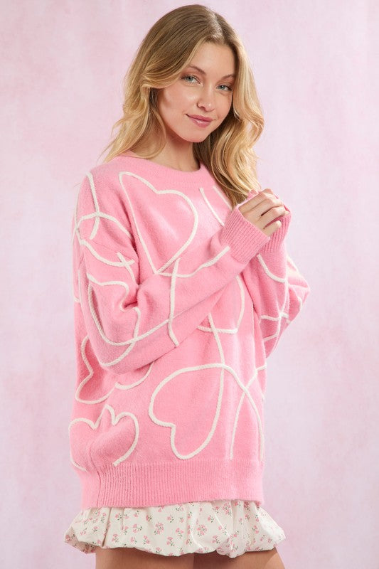 Hearts Thread Embroidered Sweater - Candy Pink